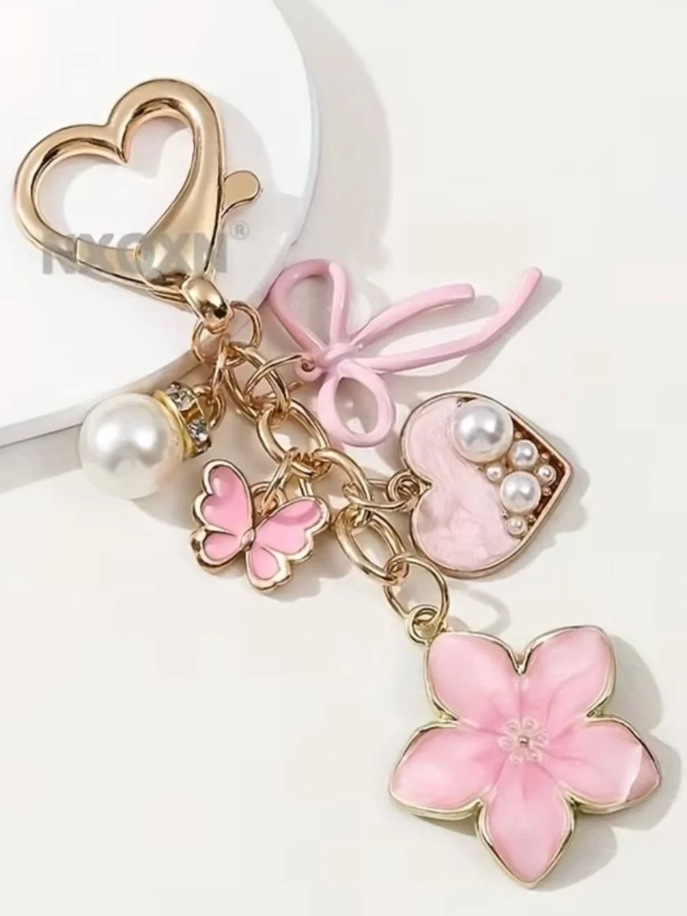 Pink Floral & Heart Charm Keychain